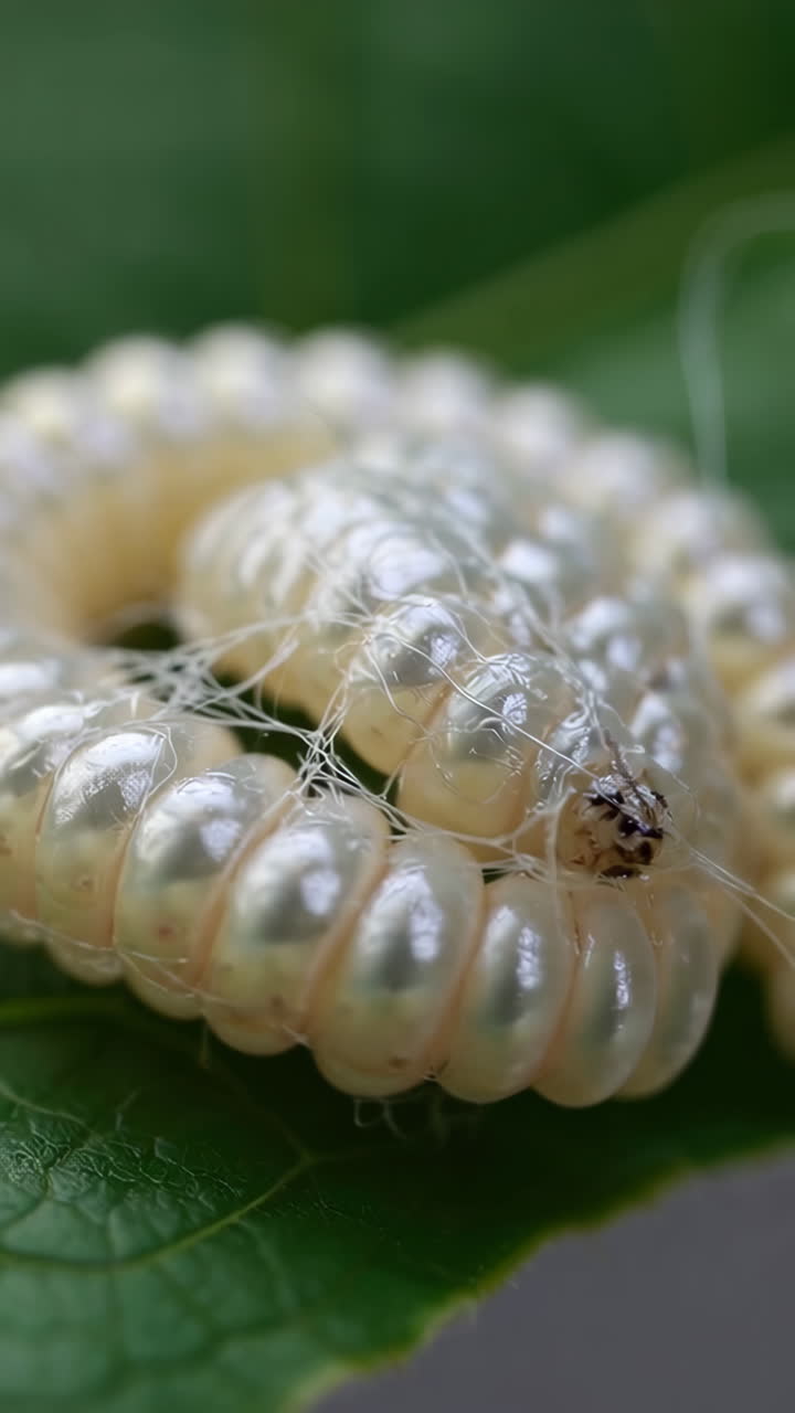 Close-up of a silkmoth larva on a leaf