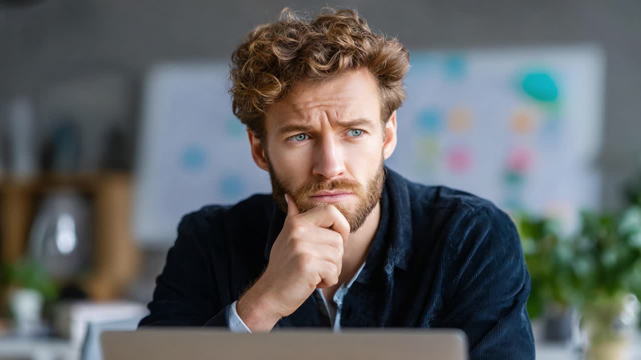 A Thoughtful Man Contemplates at His Desk, Deep in Thought with a Pensive Expression as He Stares at His Laptop Screen, Surrounded by a Modern Workspace Environment