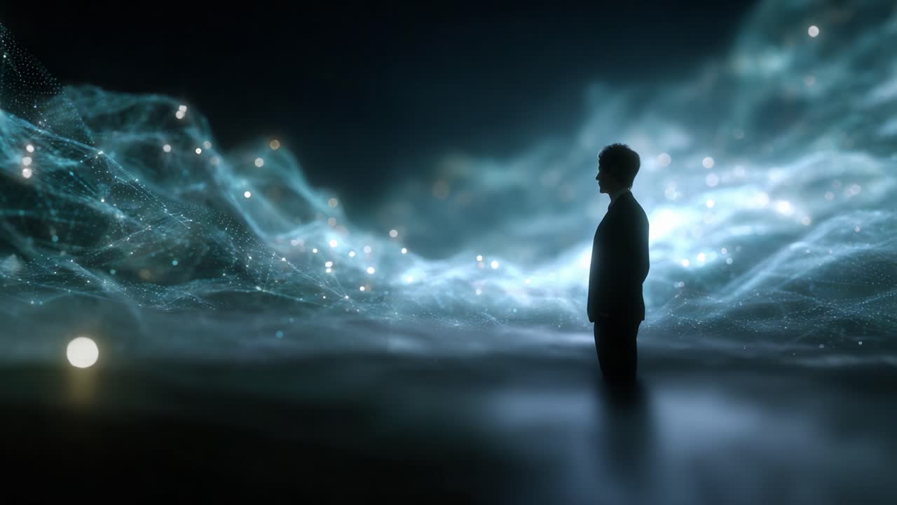 Una figura solitaria si erge in un paesaggio digitale, circondata da eteree onde di luce ed energia, evocando un senso di contemplazione e meraviglia in un regno virtuale.