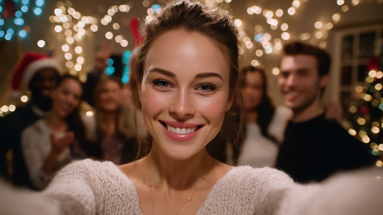 A Joyful Celebration of Togetherness: Capturing Heartwarming Moments in a Lively Holiday Gathering with Friends and Family Amidst Twinkling Lights and Festive Decorations