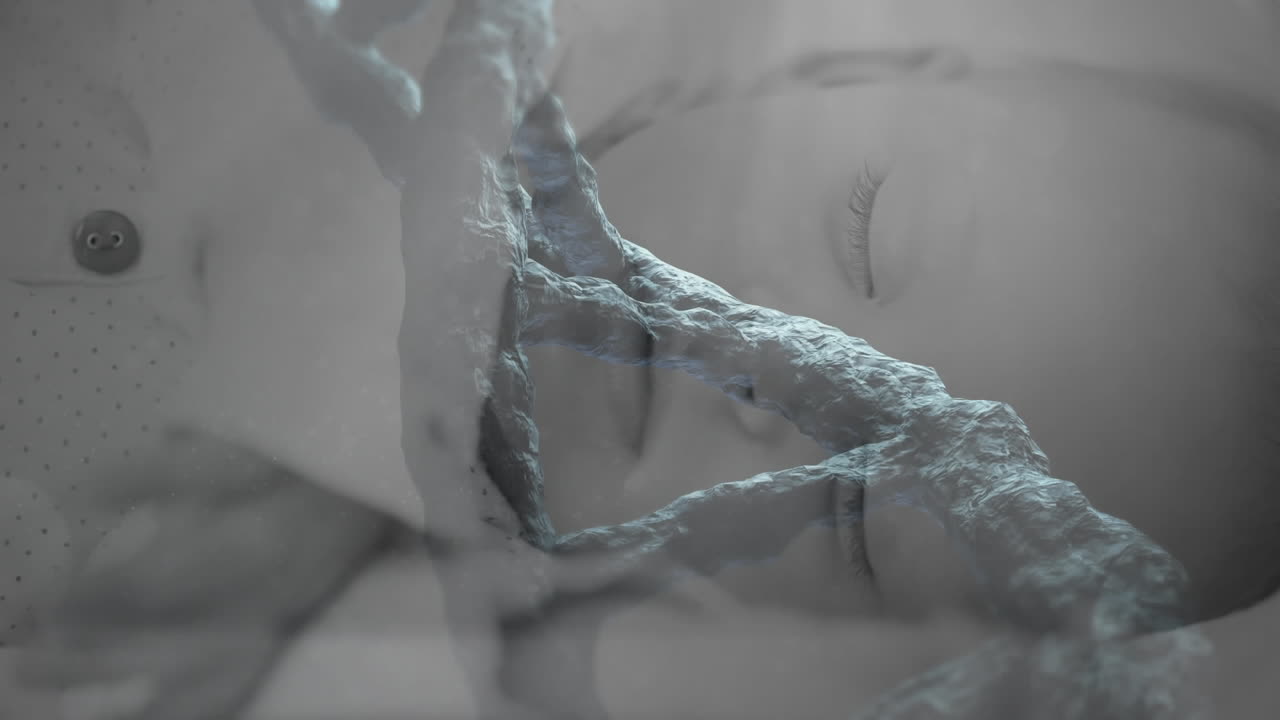 잠자는 아기 위에서 회전하는 3차원 dna 가닥의 애니메이션