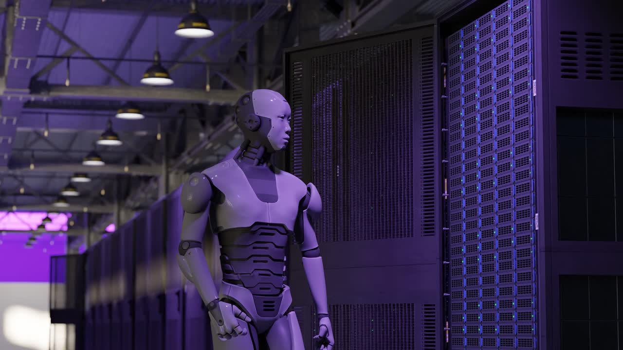 Humanoid robot standing in modern data center purple light corridor surrounded by server racks. 3D rendering of artificial intelligence and advanced robotics system. Future technology and automation