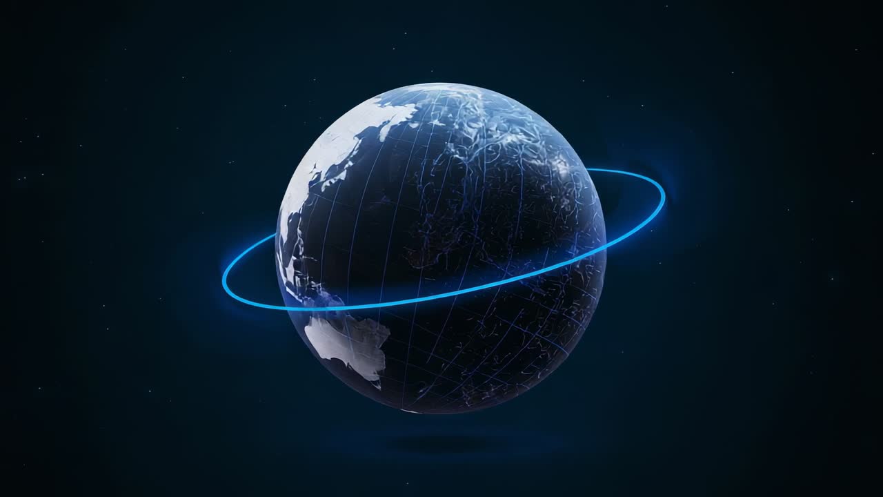 Playback starting, central dark blue planet rotating in deep space, cyan ring revealing highlights