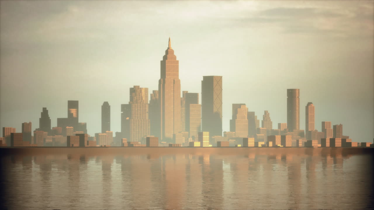 새벽에 도시 스카이라인 반사