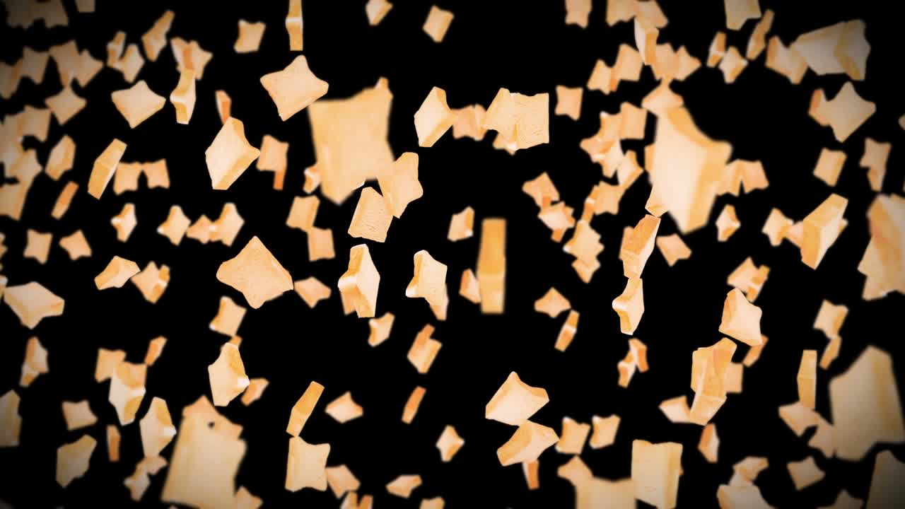 검은색 바탕에 많은 평평한  조각을 날아. 식품, 음식 및 먹는 개념. 밀 조각의 3d 애니메이션 회전. 루프 애니메이션.
