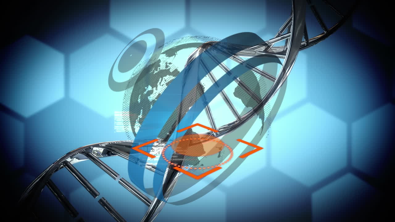 파란색 배경에 dna, 지구와 데이터 처리의 애니메이션