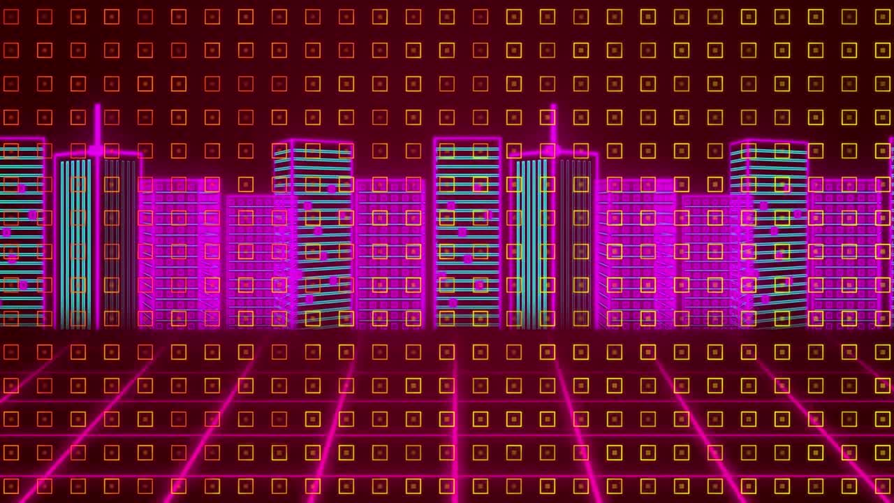 노란색 기하학적 모양의 애니메이션 다채로운 디지털 도시 풍경과 움직이는 다채로운 움직이는 그리드
