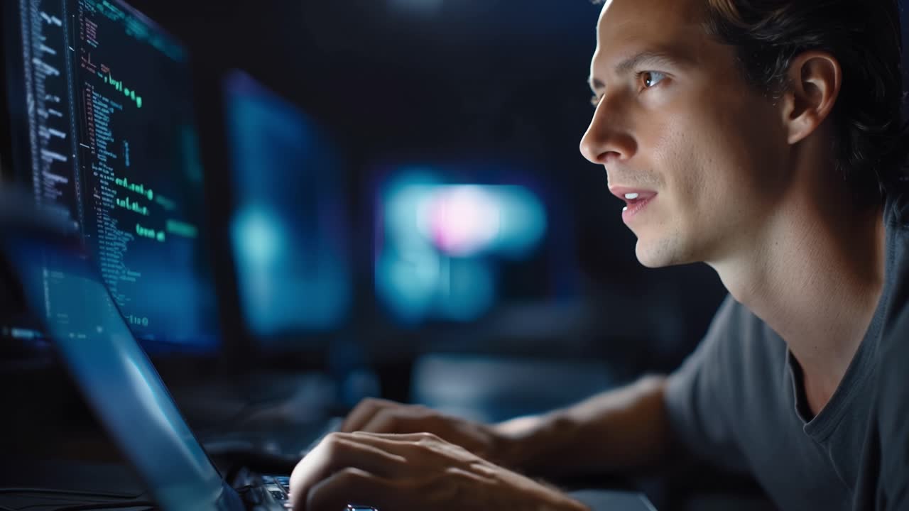 Focused individual intently analyzing data on multiple screens while working on a laptop, showcasing concentration and dedication to a modern tech-driven environment