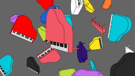 muchos pianos coloridos sobre un fondo gris.