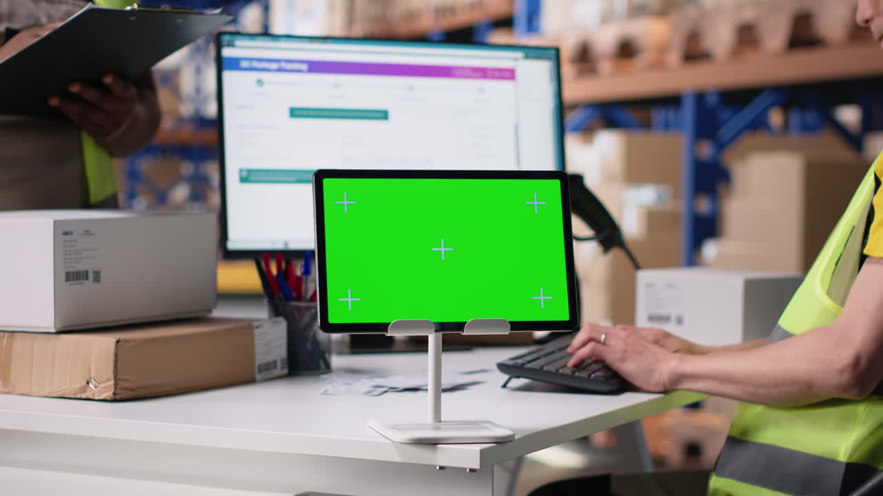 Asian employee uses a isolated mockup screen on computer