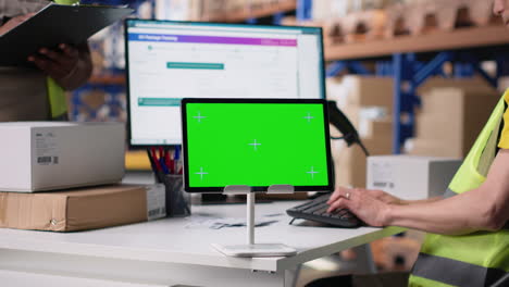 asian employee uses a isolated mockup screen on computer