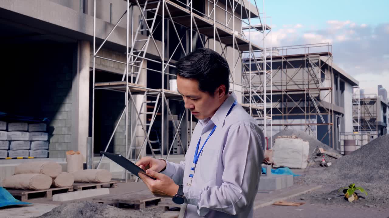 Side View Of An Asian Male Professional Worker At Construction Site in Progress to New House, Observes By Looking Up Before He Come To Concentrating On The Tablet And Keep On Checking
