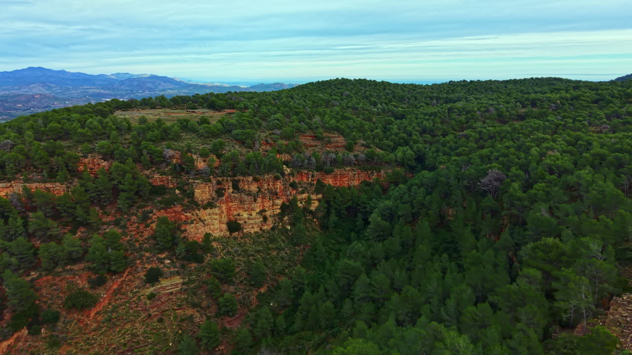 Árvores cobrem colinas e montanhas, enquanto uma estrada serpenteia pela paisagem em uma área verde sob um céu nublado na Espanha.