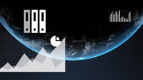 Animation-Von-Symbolen-Und-Diagrammen-Digitaler-Medien-Zur-Datenverarbeitung-über-Einem-Globus-Im-Weltraum