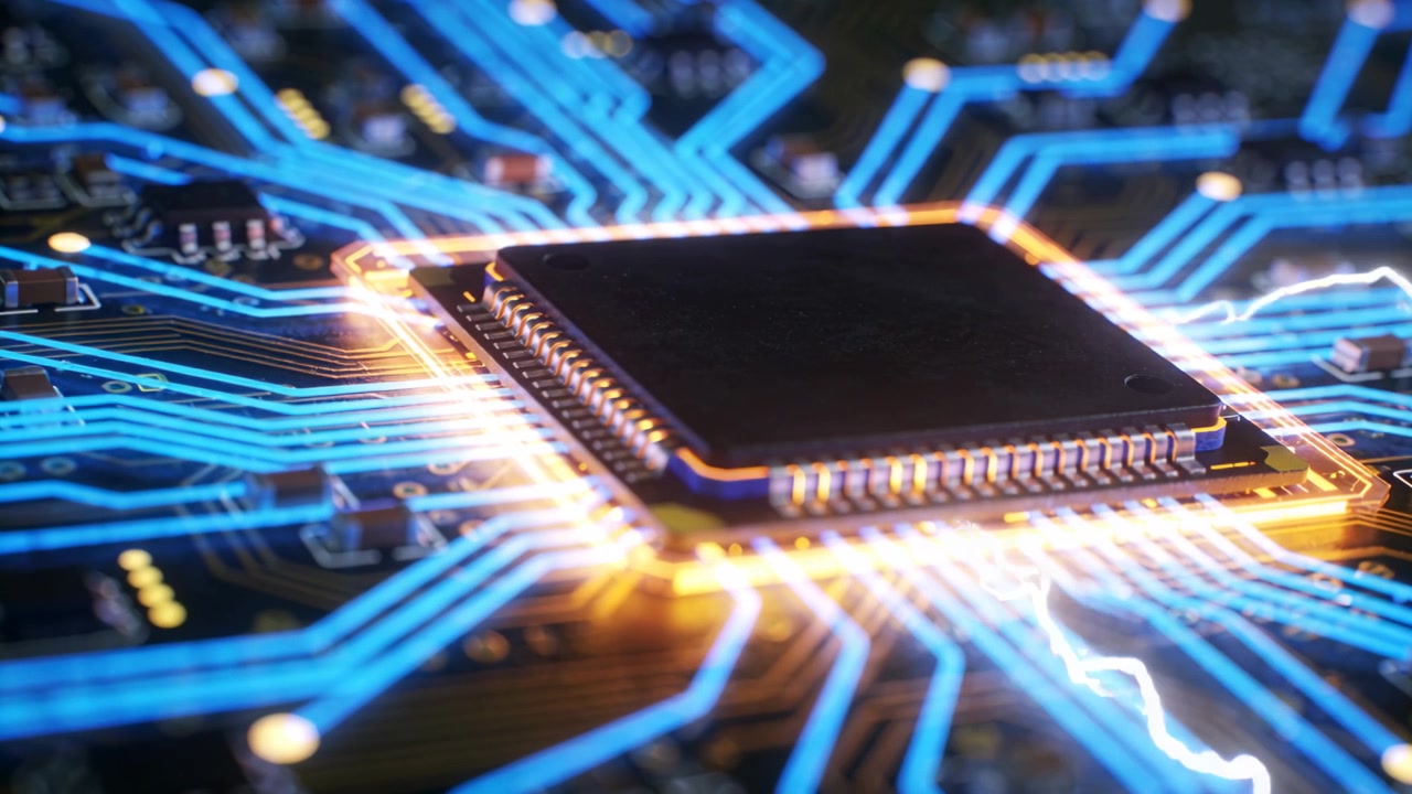 On power-up central IC pulsing along neon-blue PCB traces, amber halo brightening, arcs flashing