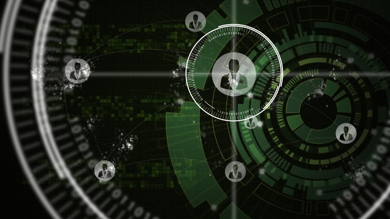 animación del procesamiento de datos y iconos de personas digitales sobre el giro del alcance