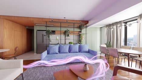 sala de estar de casa inteligente moderna con animación de flujo de energía inteligente que fluye