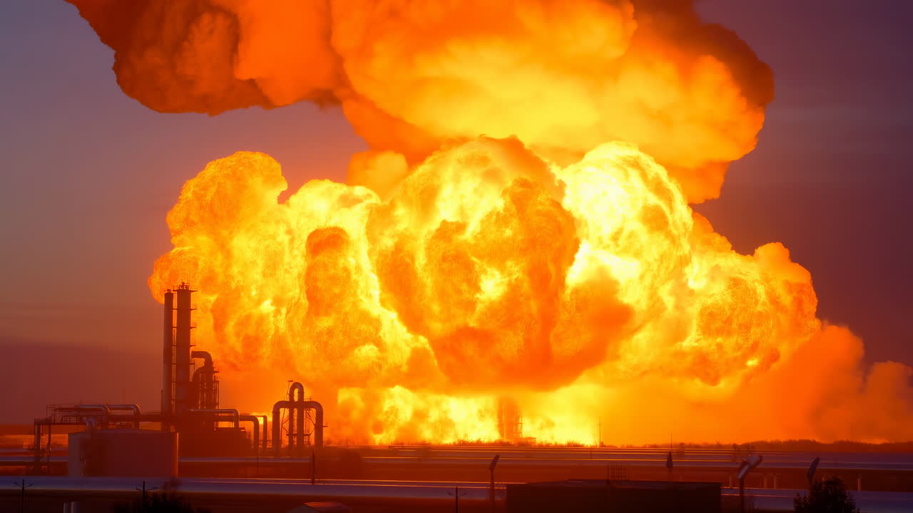 Massiccia esplosione a palla di fuoco in raffineria al tramonto, condotte e serbatoi di stoccaggio in silhouette bagnati da un arancione intenso