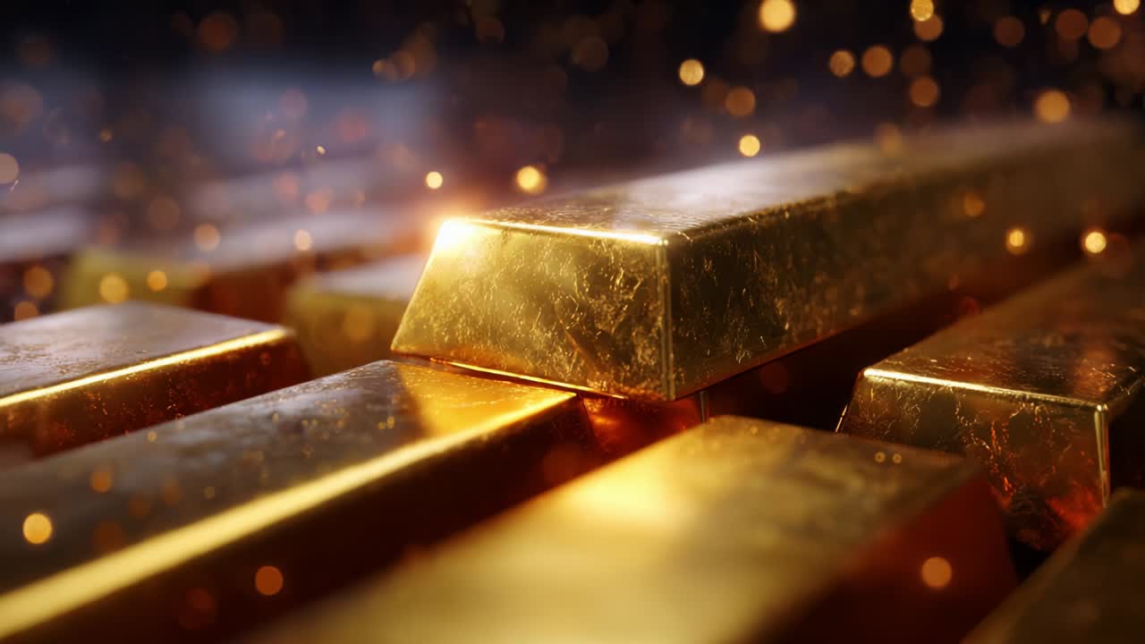 A Glimmering Close-Up of Gold Bars Surrounded by Sparkling Dust, Showcasing the Richness and Luxury Associated with Precious Metals in a Captivating and Illuminated Setting