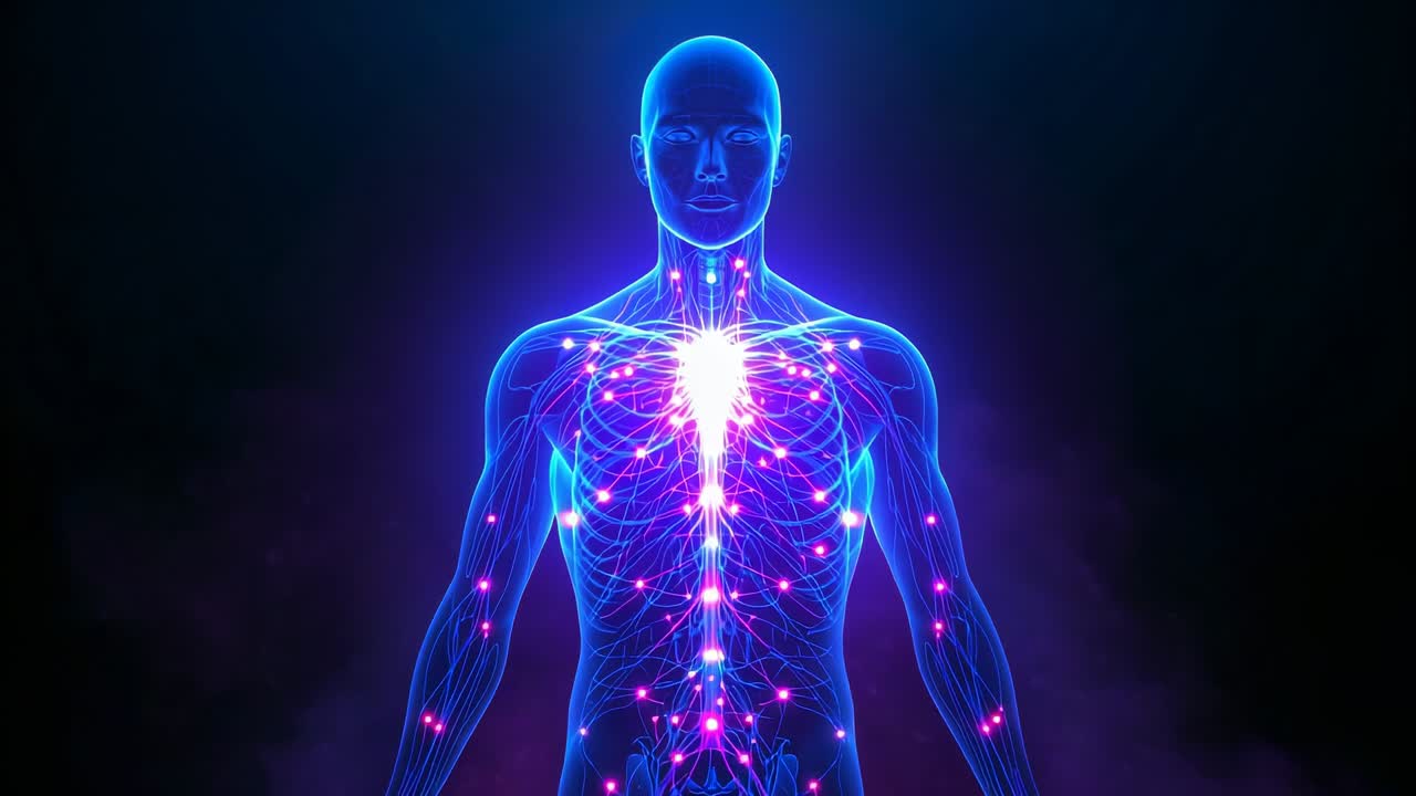 Revealing torso model in studio intensifying neon blue vessels pulsing pink nodes to heart core