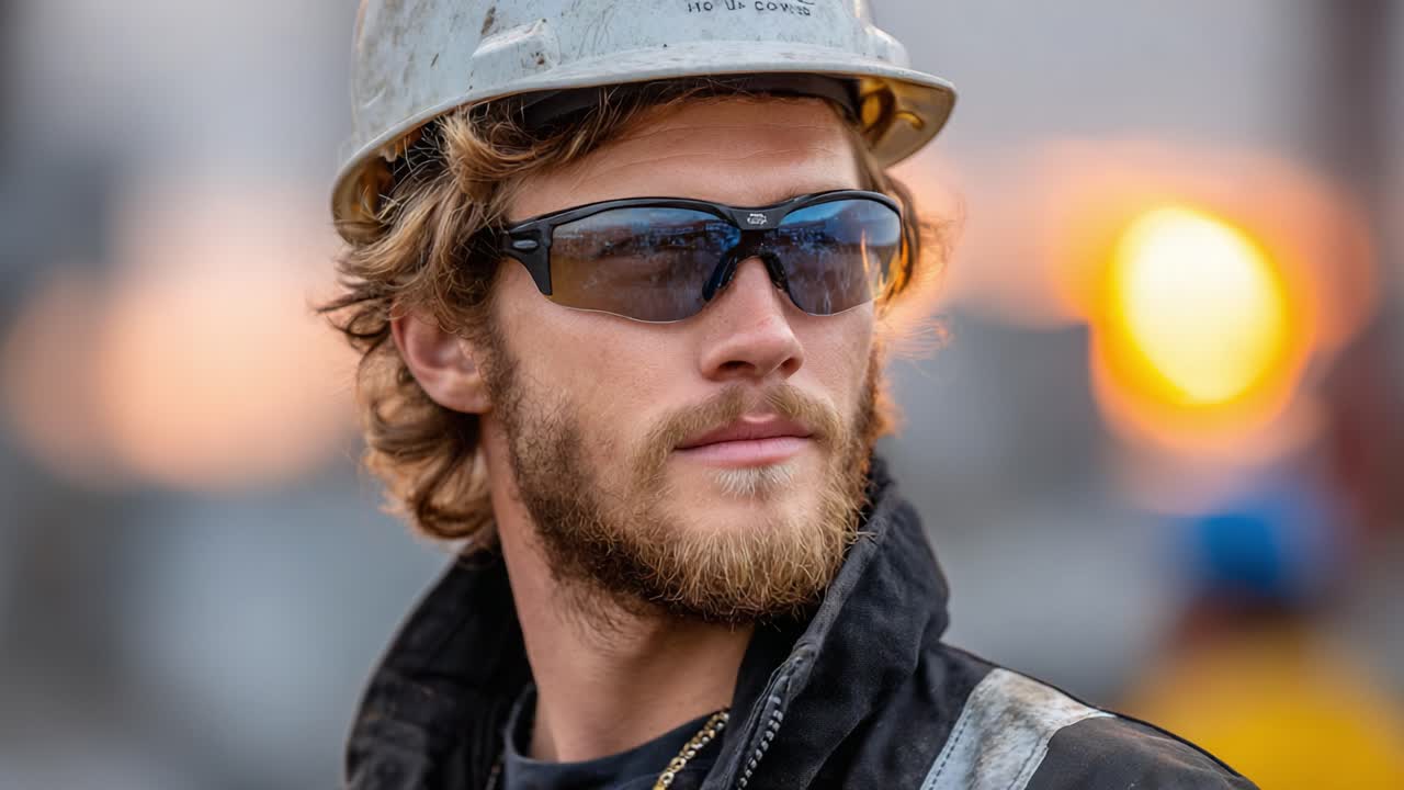 Focused Industry Worker in Safety Gear: A Close-Up Look at a Skilled Professional with Protective Glasses and Hard Hat Progressing Through a Dynamic Construction Environment