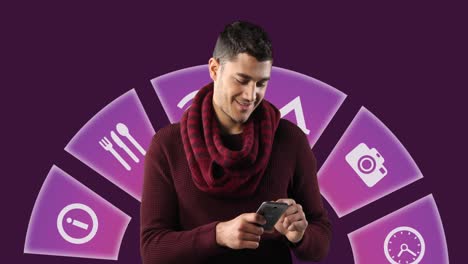 Animation-of-travel-icons-and-caucasian-man-using-smartphone-on-purple-background