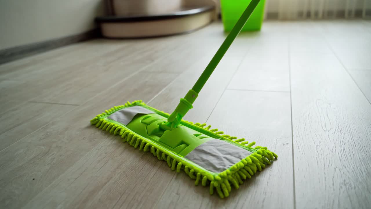 Cleaning parquet floors in the living room. Green mop cleaning the home floor. Householding duties. Close-up.