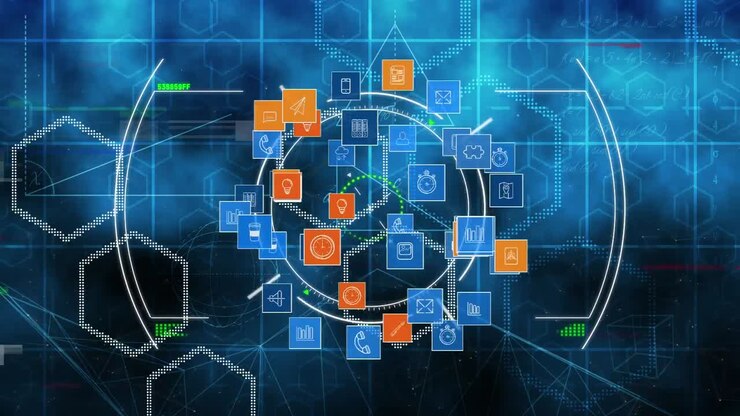 Animation of scope scanning with network of connections with icons over blue screens