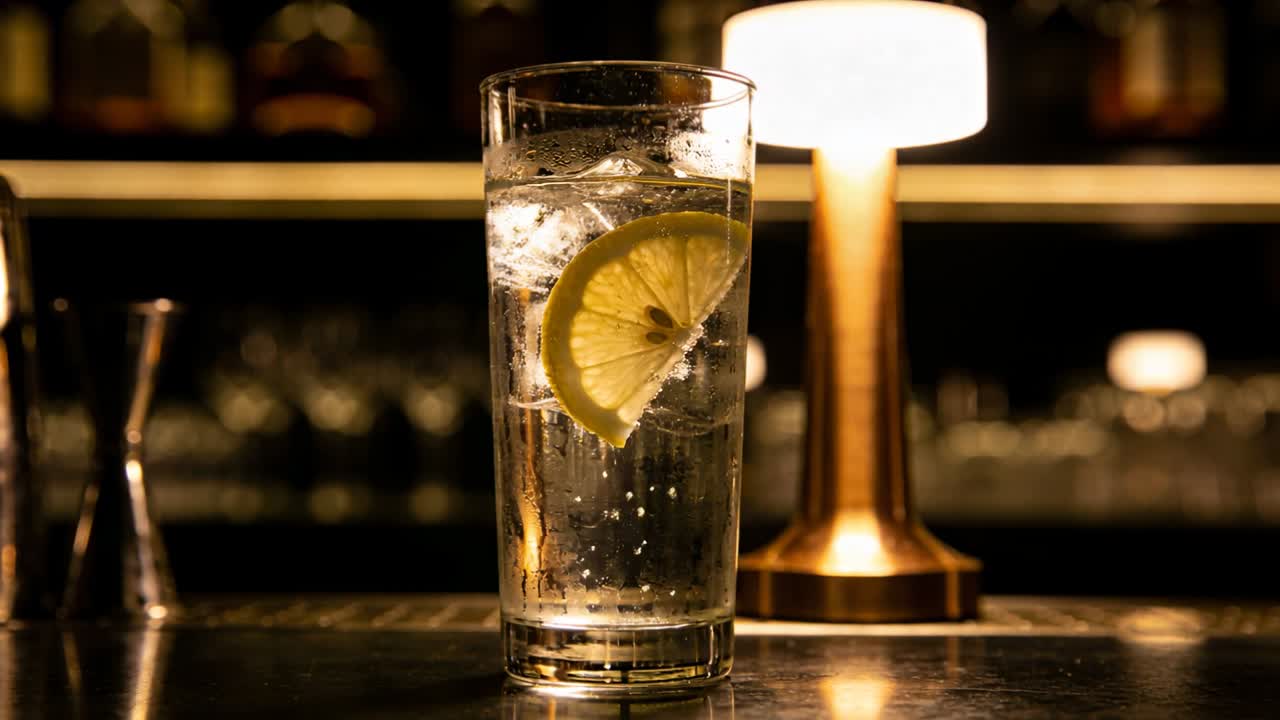 Bolle che si sprigionano, una bevanda che spinge una fetta di limone e ghiaccio che ruota in un bicchiere highball sul bancone del bar.