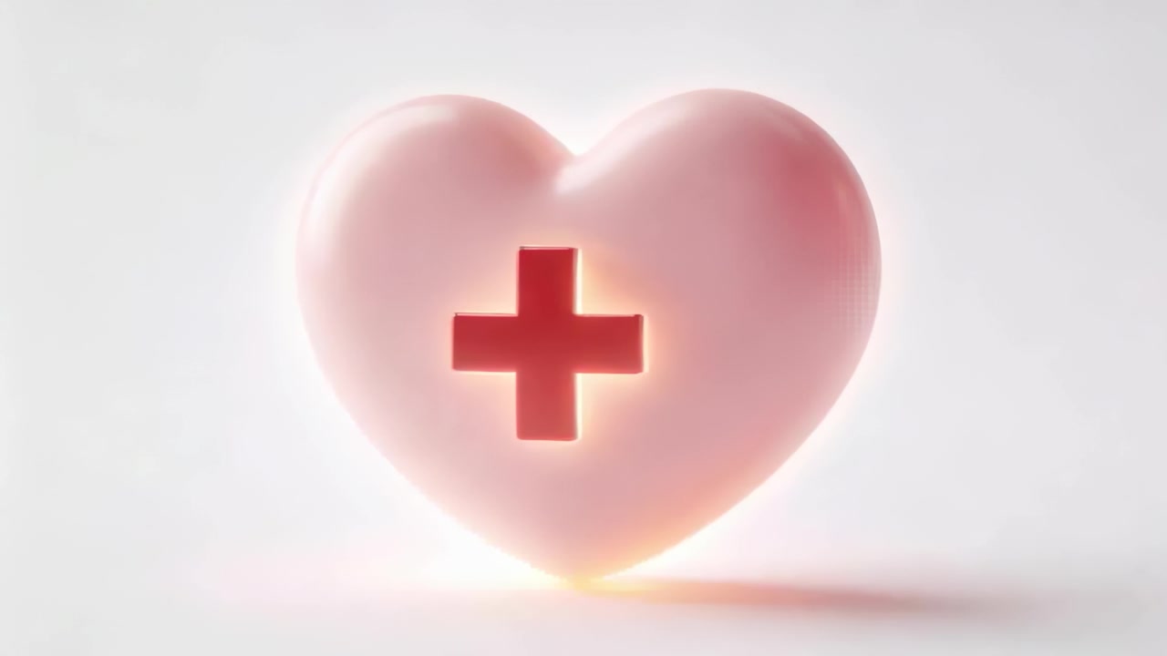 Glowing glossy pink heart during lighting rise in studio backdrop, showing recessed red plus sign