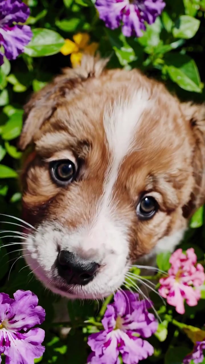 Adorable Puppy Sitting Among Vibrant Purple Flowers