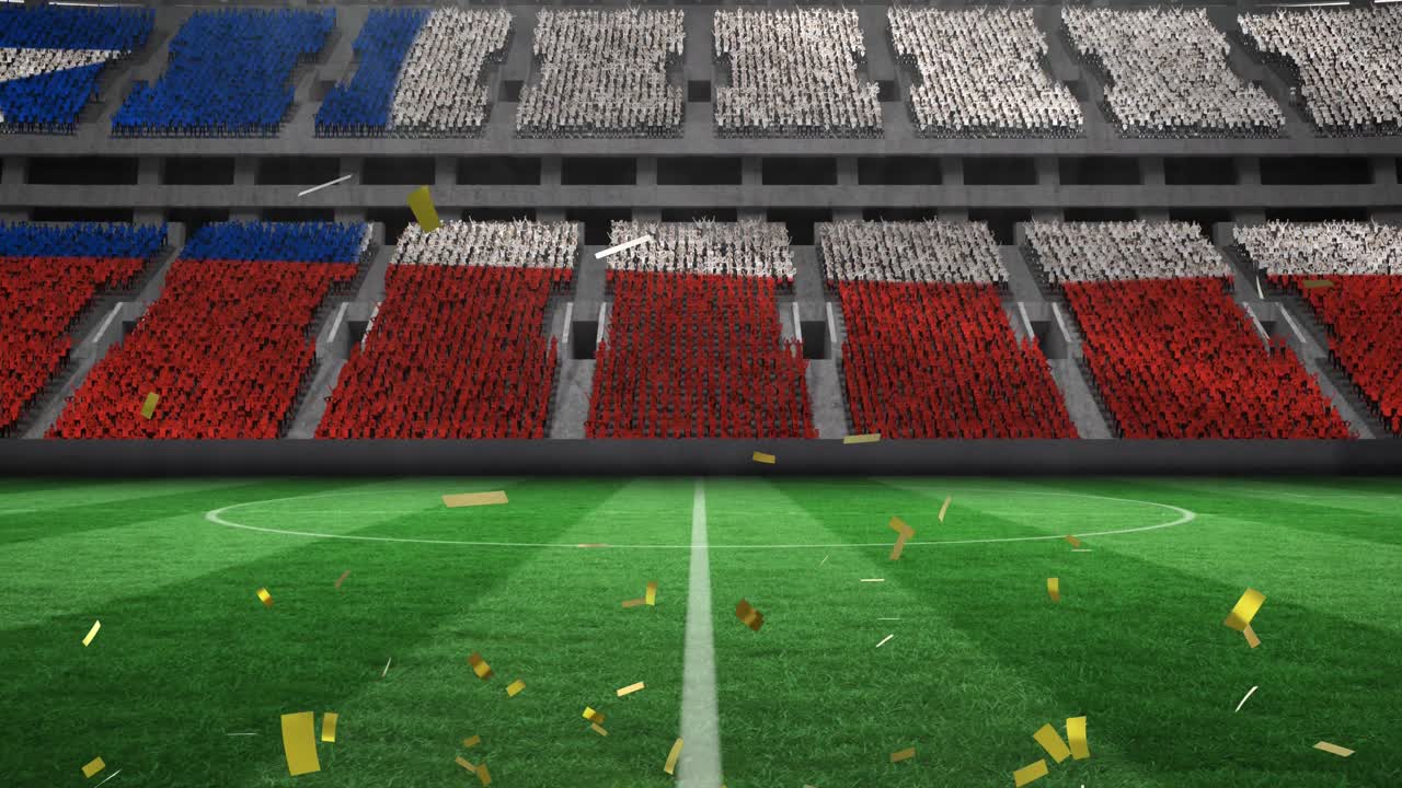 animación de confeti de oro cayendo sobre la bandera de chile en un estadio deportivo