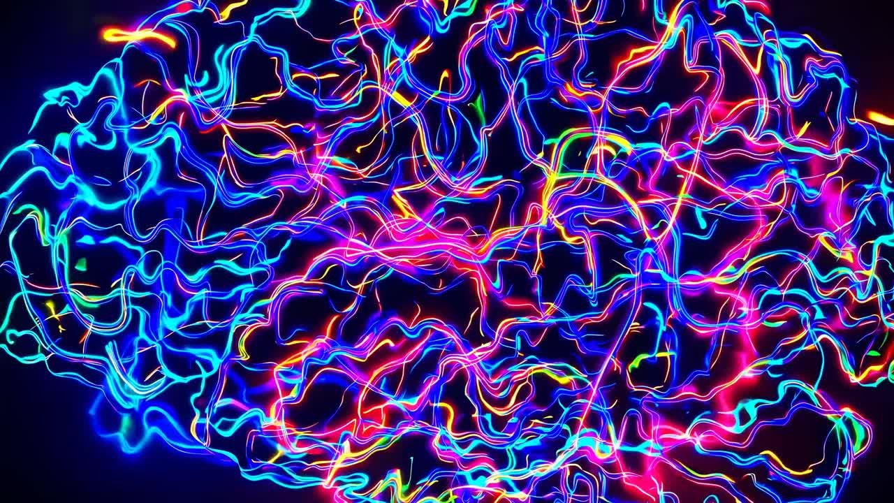 A vibrant, abstract video concept of a brain with neon lights
