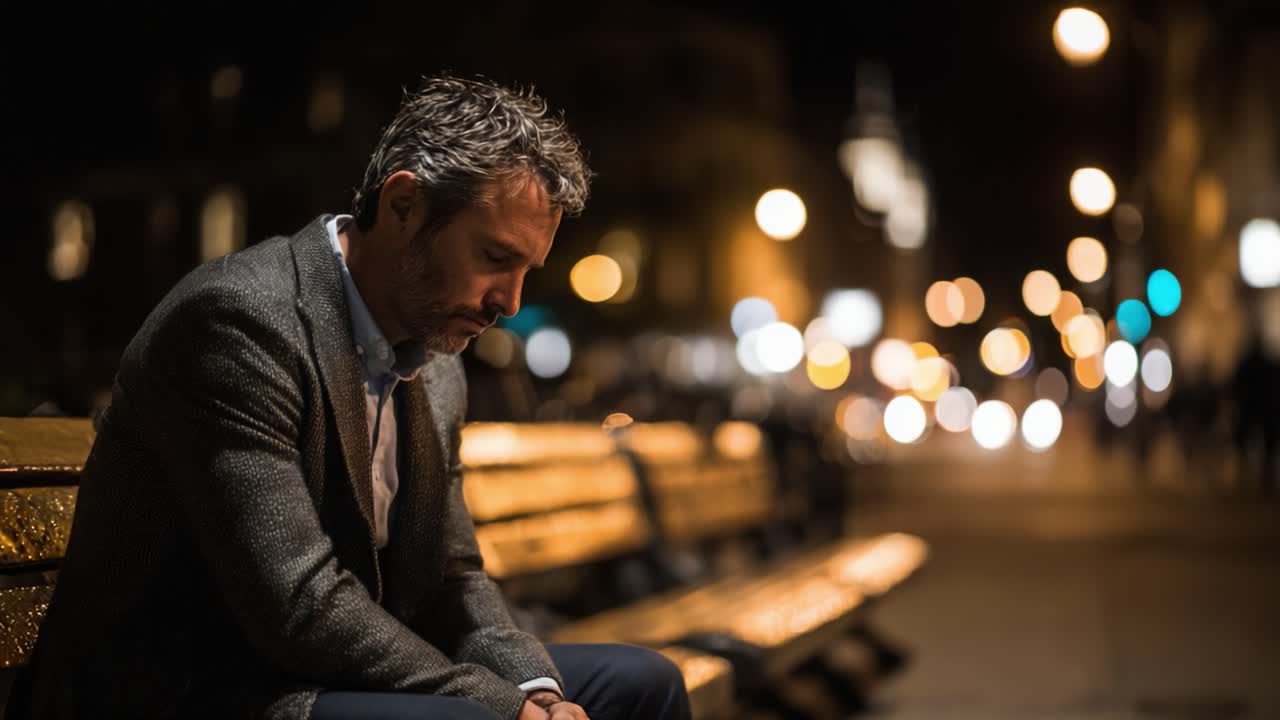 Serata contemplativa: un uomo riflette da solo su una panchina del parco sotto le luci della città, catturando momenti di solitudine e serenità urbana nella notte