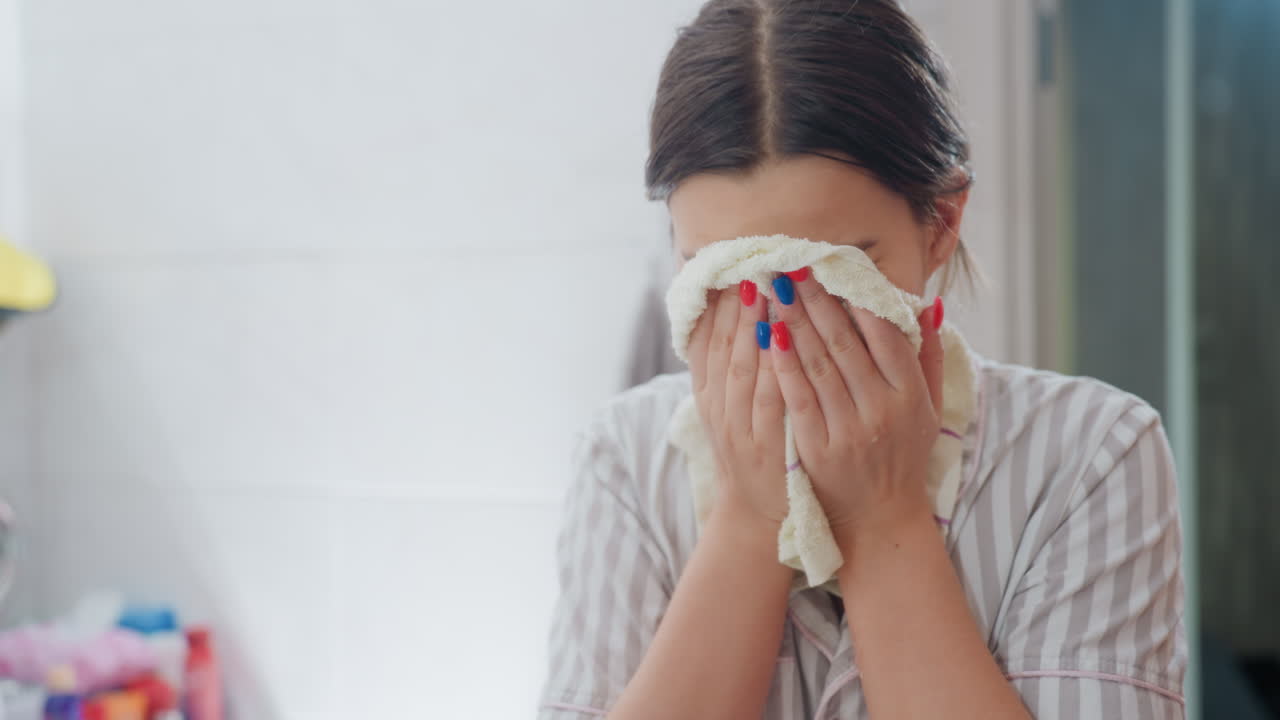 Woman Drying Face With Towel, Soft Cotton Towel Pressed To Skin, Satisfied Smile And Relaxed Expression, Vanity Bottles And Mirror In Background, Gentle Skincare Finish, Calm Morning Mood