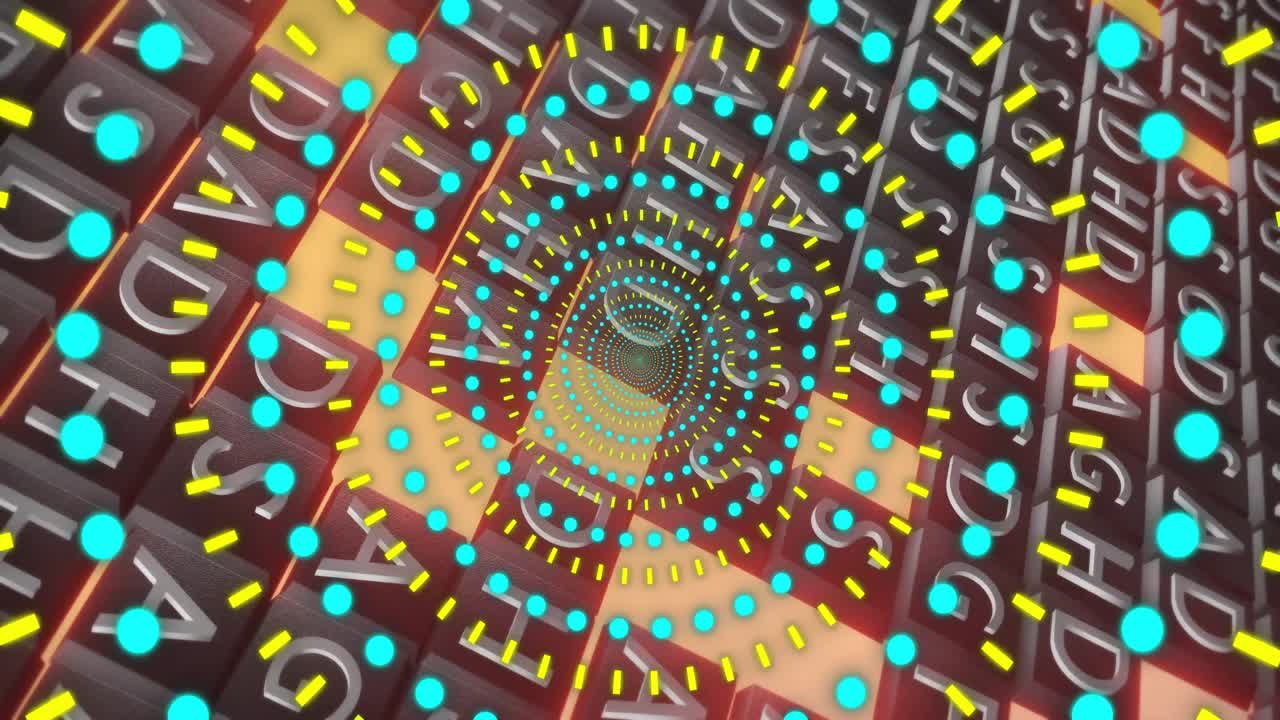 Camera moving inward tightening 3D rings rotating pulsing drawing eye inward over letter tiles