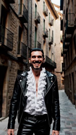 man in leather jacket and ruffled shirt in a city alley