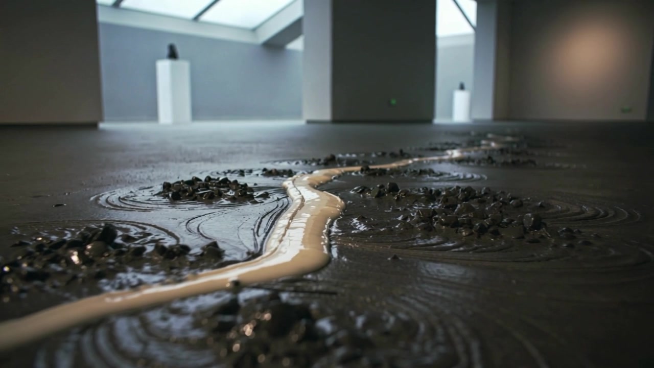 Allontanamento della telecamera, vista dal basso che rivela un nastro pallido sul pavimento del museo, documentando le texture.