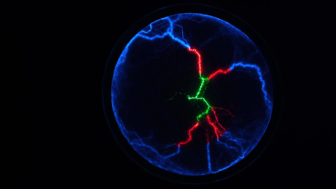 fondo de la ciencia abstracta y el objeto, iluminación eléctrica. rayos rojos, verdes y azules
