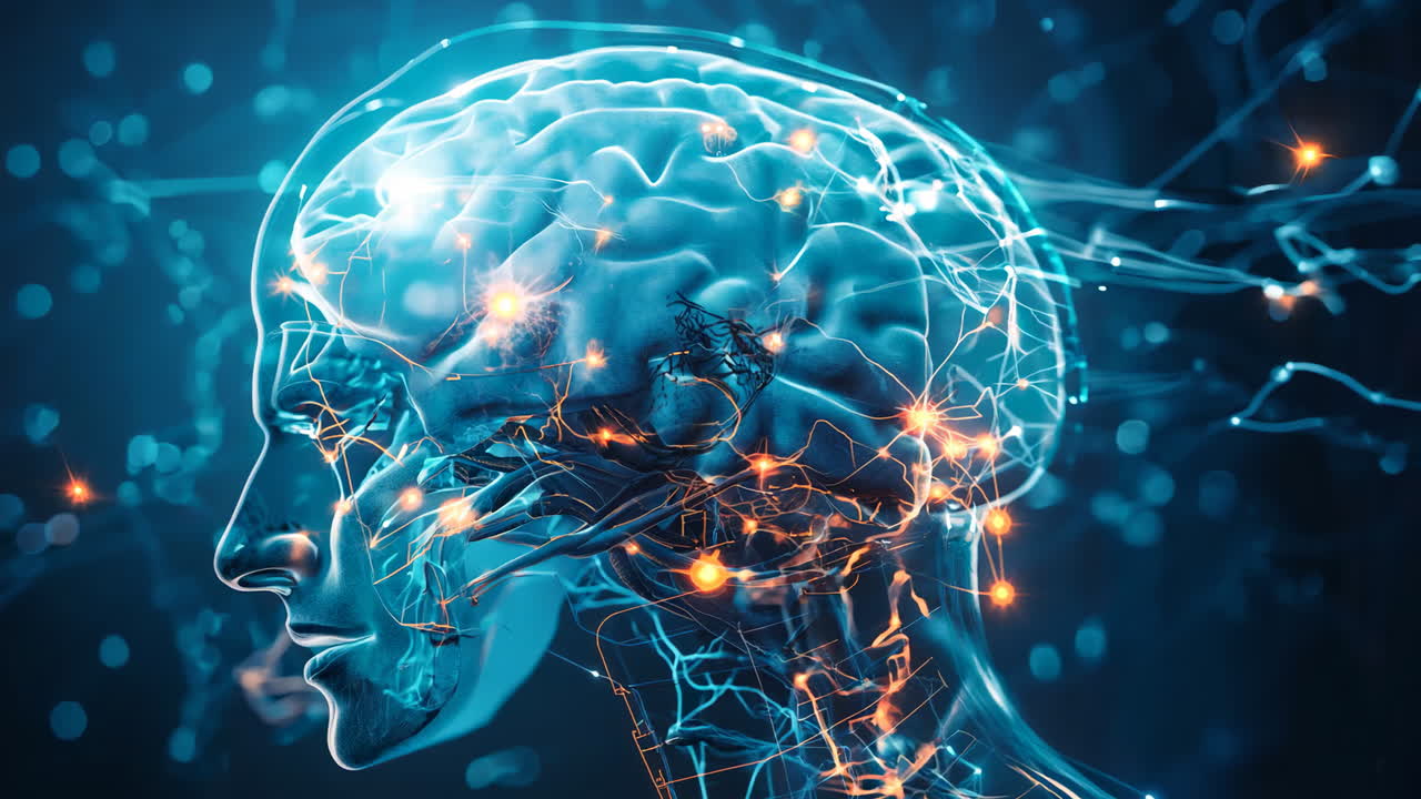 Neural Connections Within a Human Brain With Blue and Orange Light Effects. A digital representation of a brain showcasing neural connections illuminated by vibrant blue and orange lights.