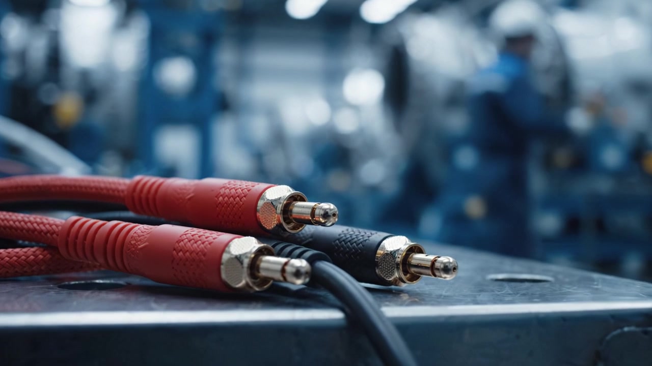 Close-Up View of Color-Coded Cables, Showcasing High-Quality Connectors Against an Industrial Background with Machinery and Equipment in a Workshop Environment