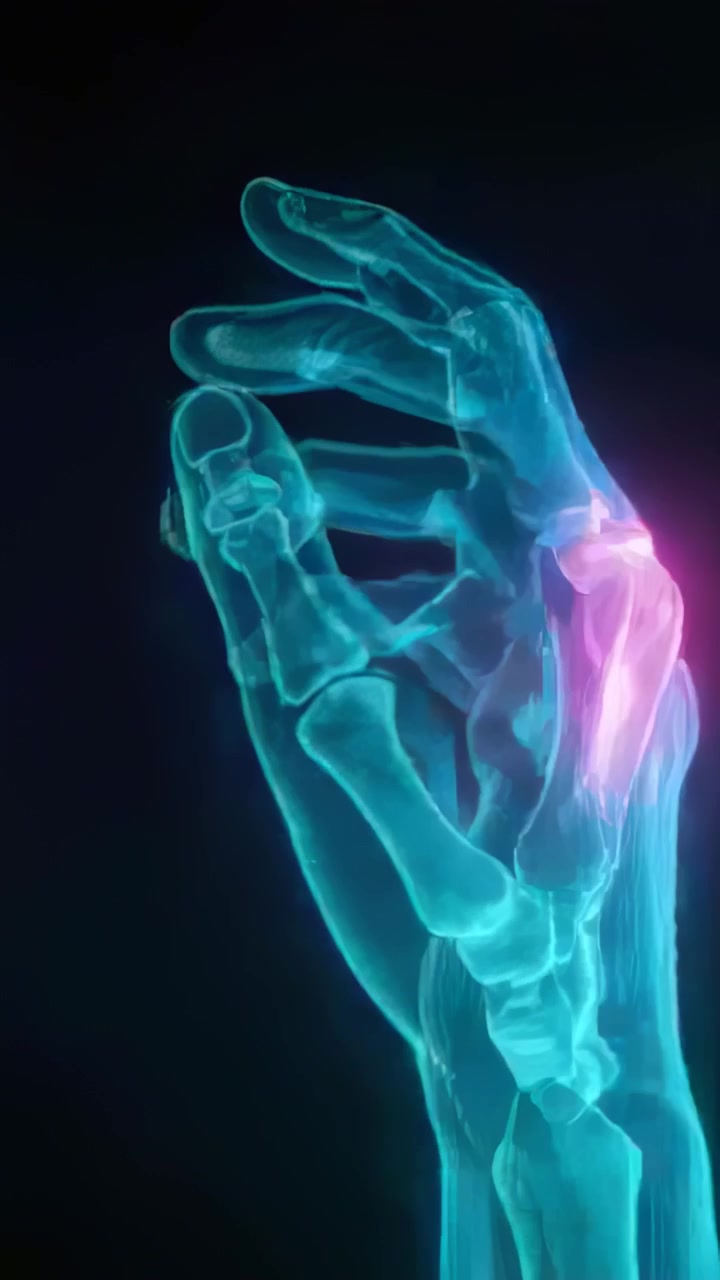 Vertical video: Playing skeletal hand flexing on black, pulsing magenta joint showing anatomy