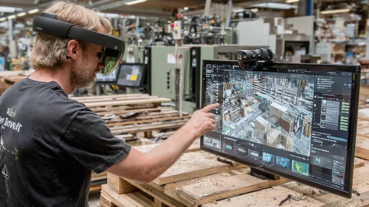 A Worker Utilizes Augmented Reality Glasses to Interact with a Detailed Visualization on a Monitor in a Modern Manufacturing Setting
