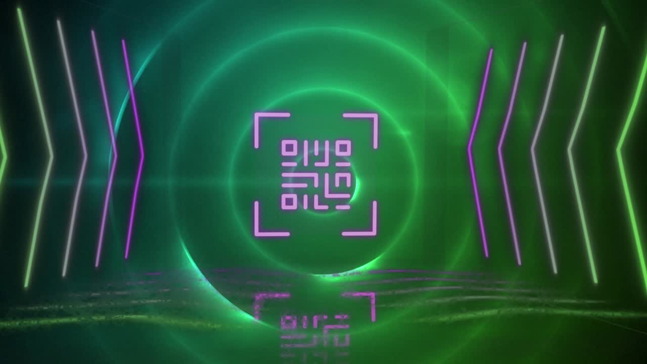 Animation of circles, neon lines and qr code on green background