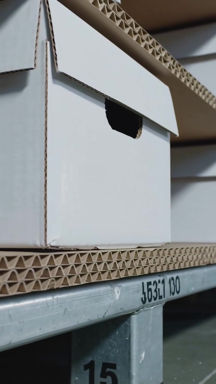 Vertical video: Panning camera surveying white cardboard box on rack for inventory, showing codes