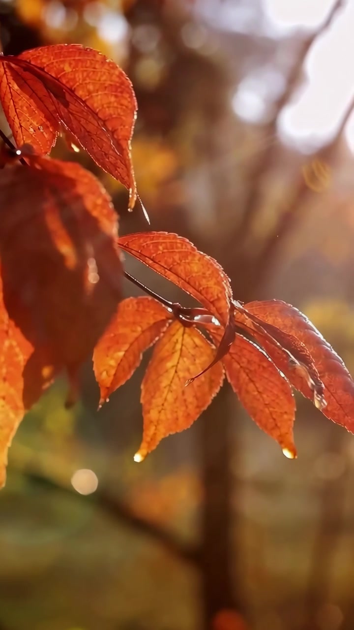Dew Drops on Vibrant Autumn Leaves in Golden Sunlight