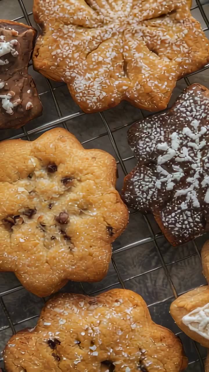 Vertical video: Starting camera panning across star and snowflake cookies on kitchen rack showing ic