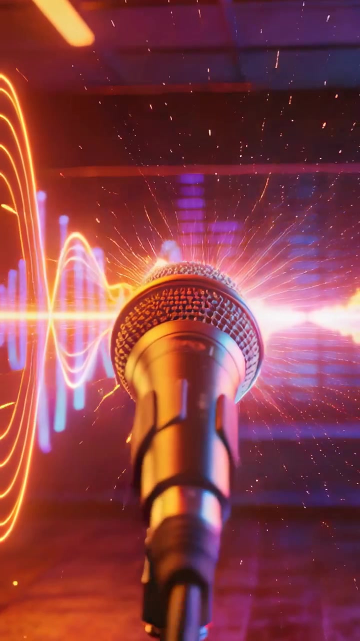 Video verticale: Microfono pulsante su stativo che si sposta al centro in studio con un ritmo audio crescente, onde al neon