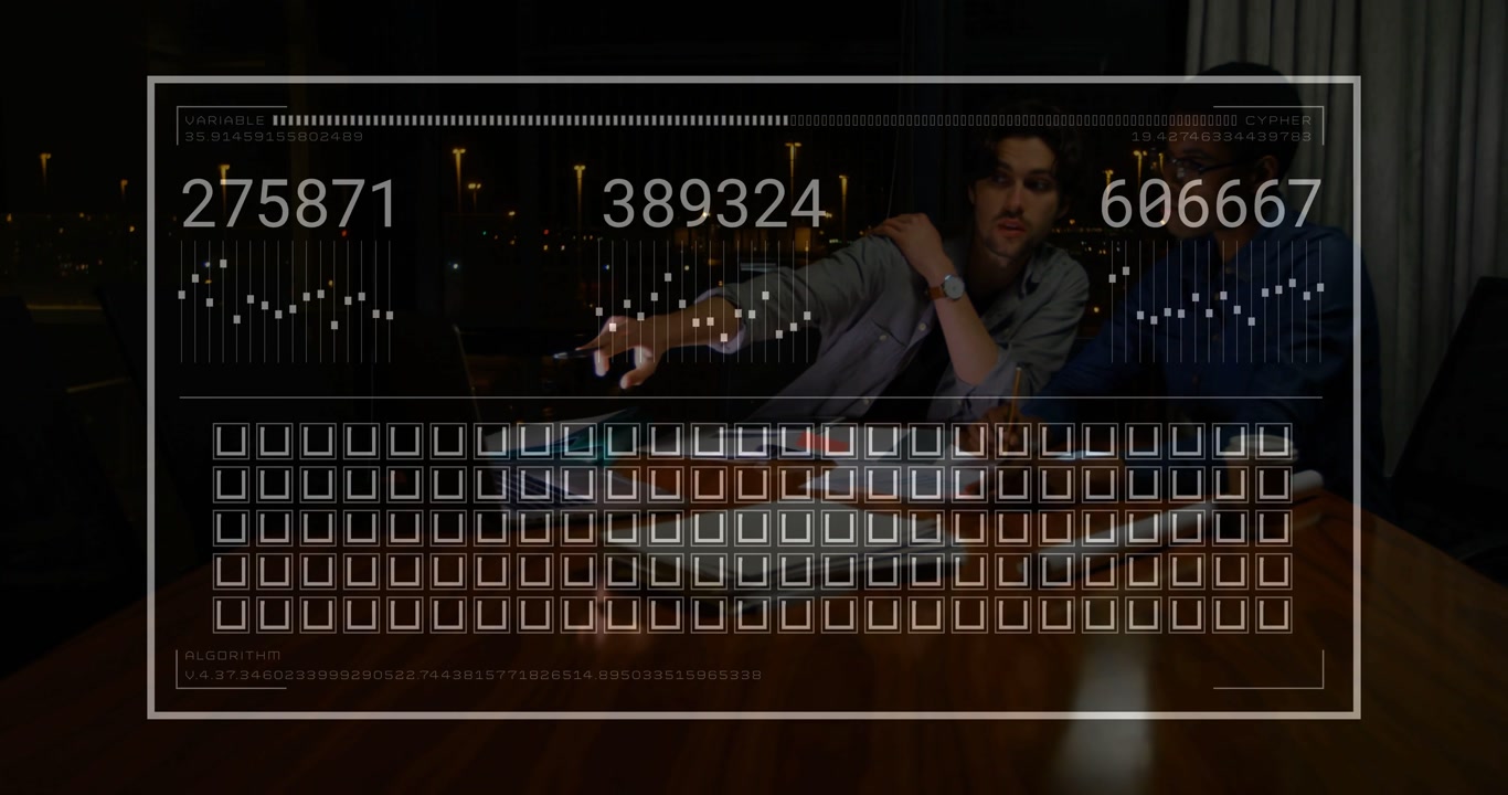 HUD overlay appearing man pointing at laptop using blue folder while checking business metrics grid