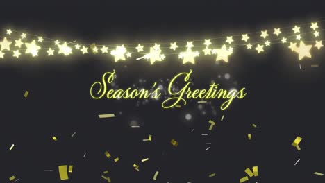 Animation-of-season's-greetings-with-fairy-lights-over-confetti-falling